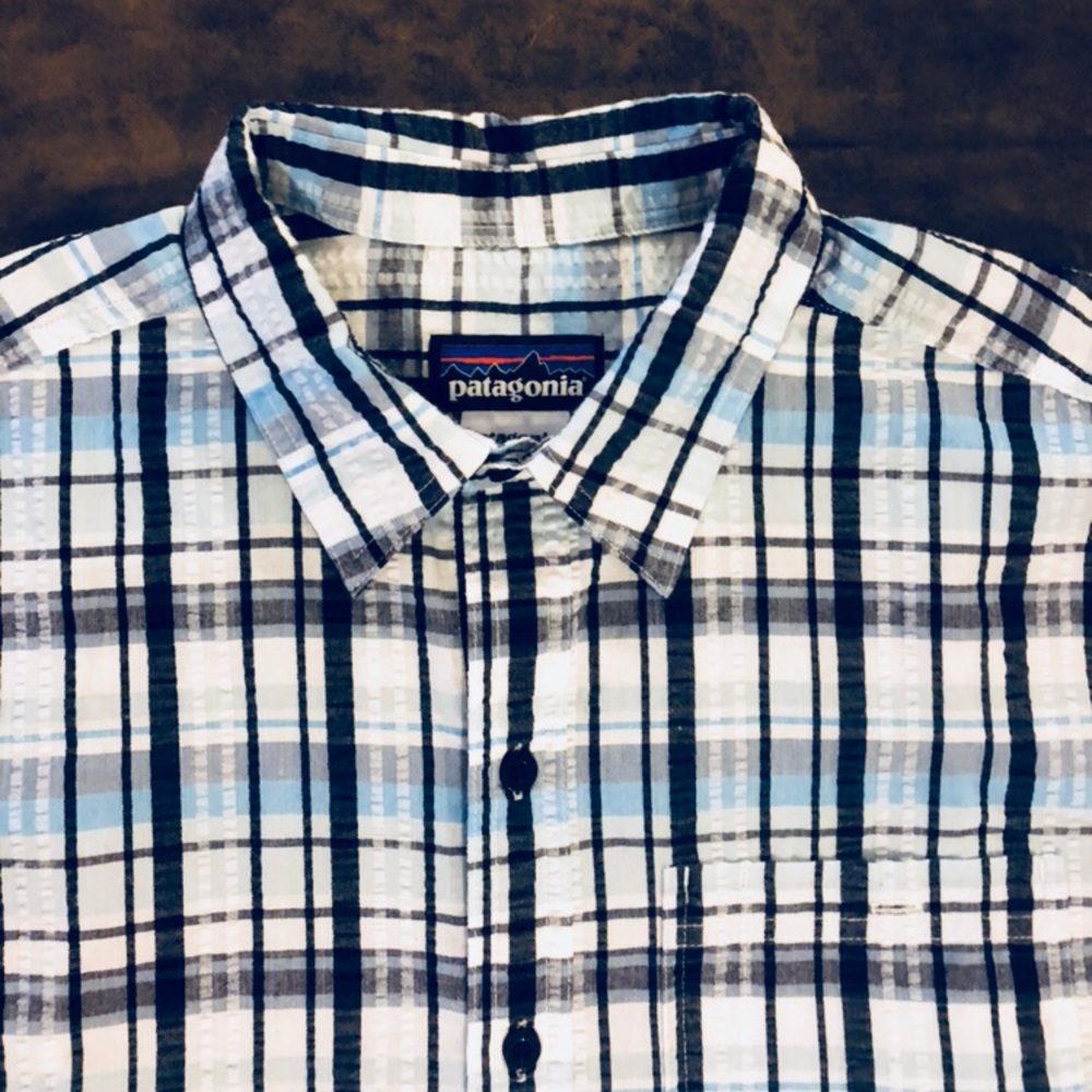 Patagonia White & Navy Seersucker Plaid Shirt S